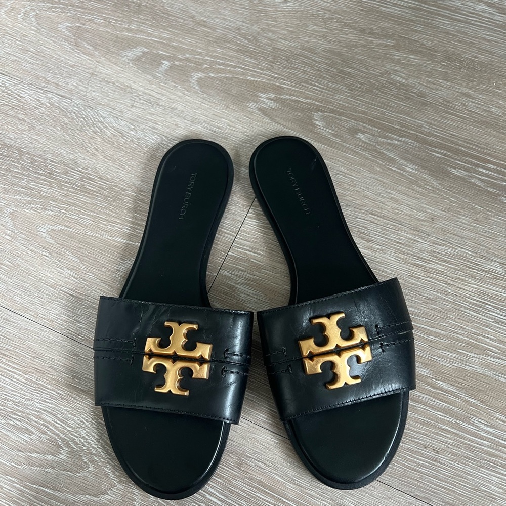 Tory Burch Black Slides with Gold Logo